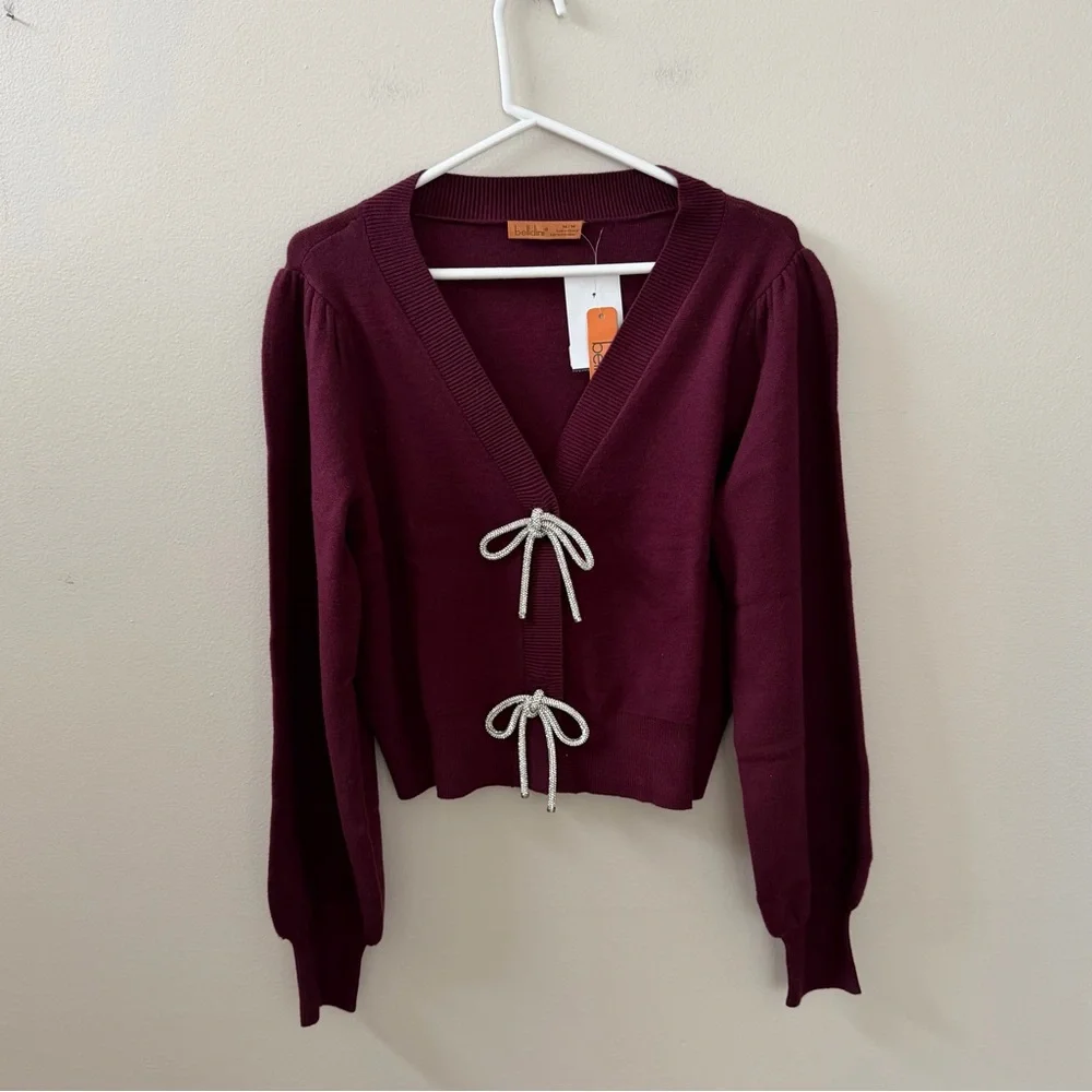 Belldini Balloon Sleeve Burgundy Cardigan Sweater with Rhinestone Bows, Sz M